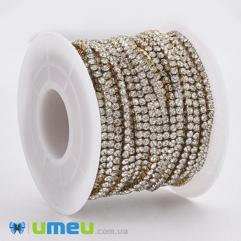 Стразовий ланцюг SS6 - 2,0 мм, нерж. сталь золото, Стрази скляні білі (ZEP-040486)