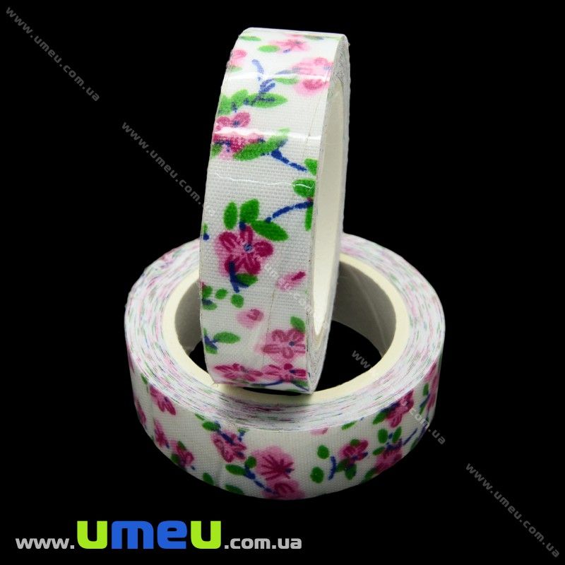 Декоративний скотч тканинний, Квіти, 15 мм, Біло-рожевий (DIF-021202)