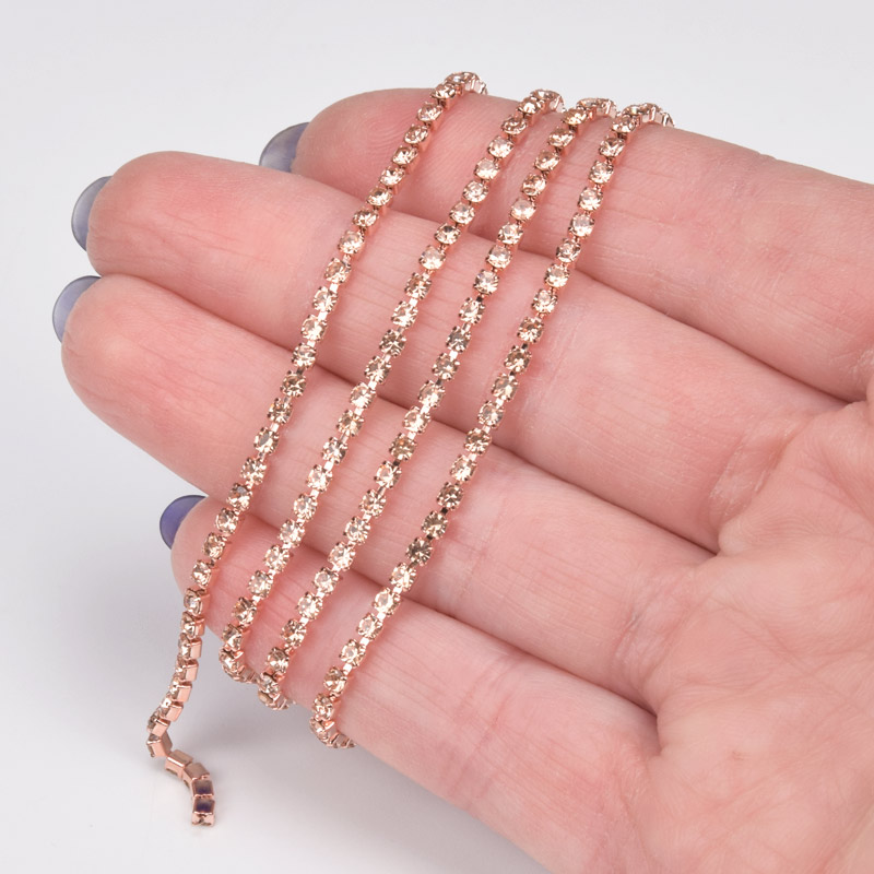 Стразовий ланцюг SS6 - 2,0 мм, Рожеве золото, Стрази скляні шампань (ZEP-042997)