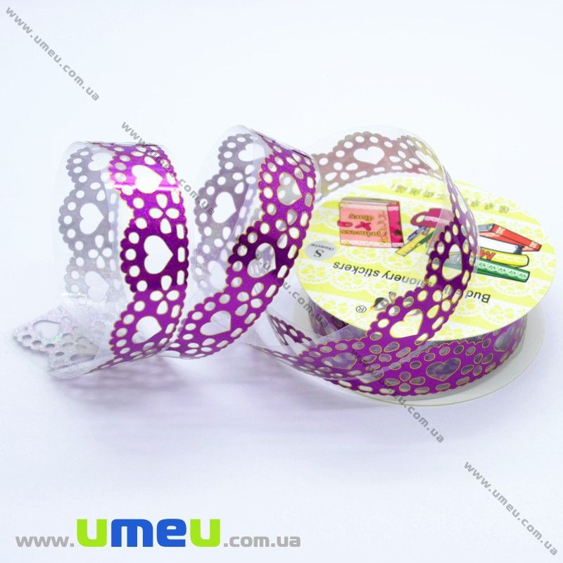 Декоративний скотч мереживний, Бузковий, Серця, 15 мм (DIF-017897)