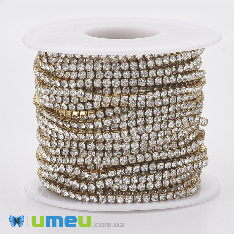 Стразовий ланцюг SS6 - 2,0 мм, нерж. сталь золото, Стрази скляні білі (ZEP-040486)