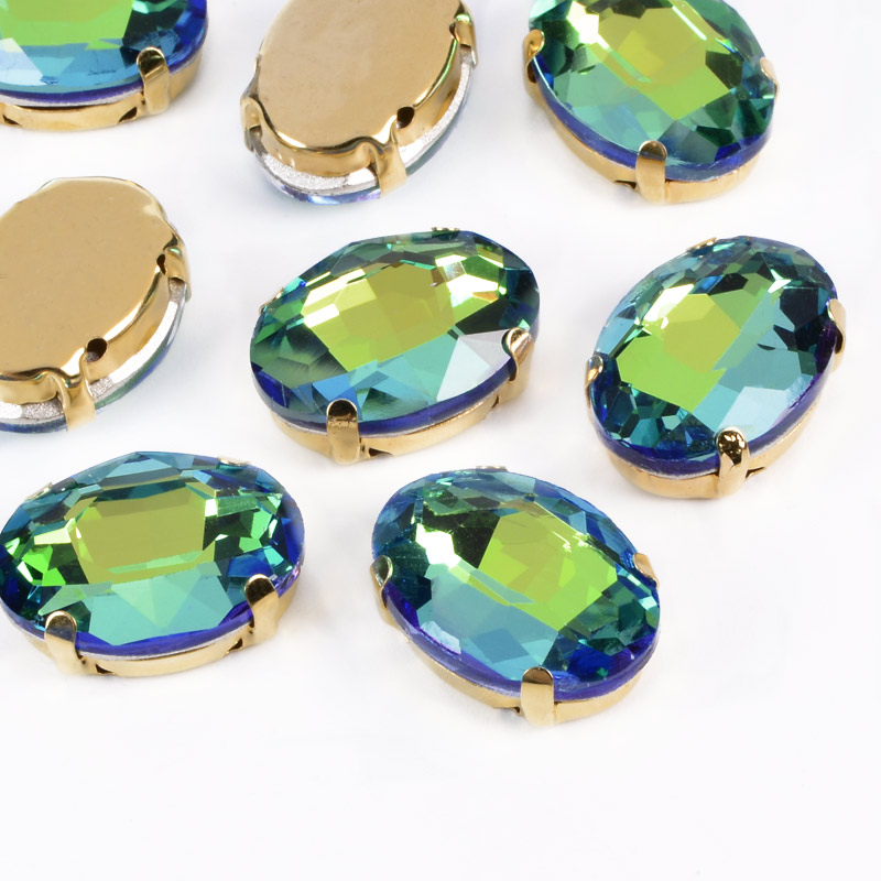 Шатон овальний 18х13 мм, Золото, Синьо-зелений (KAB-052989)