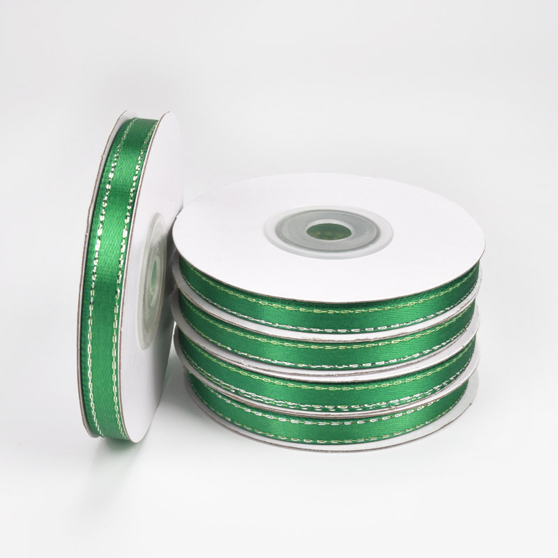 Атласная лента с люрексом, 6 мм, Зеленая с серебром (LEN-061072)