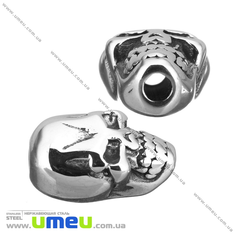 Бусина из нержавеющей стали Череп, 13х8,5х7 мм, Темное серебро (STL-036517)