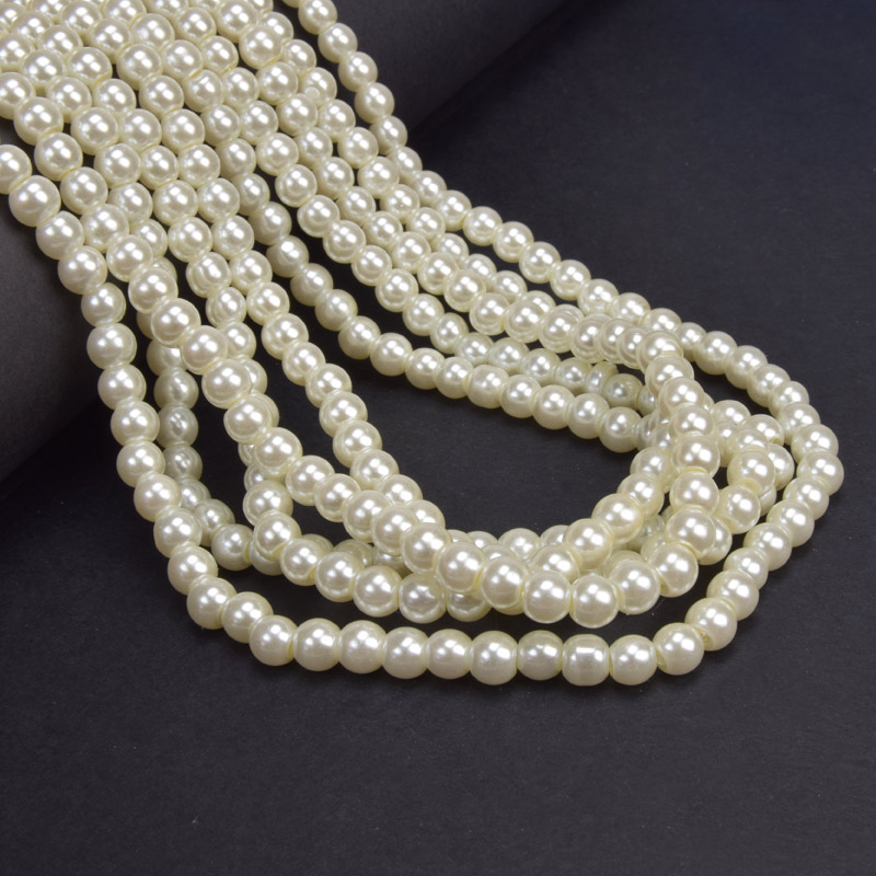 Намистини скляні Перли, 6 мм, Кремові, Круглі (BUS-048878)