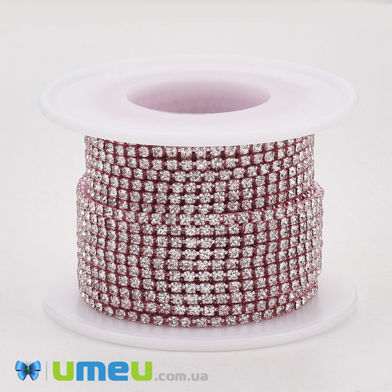 Стразовий ланцюг SS6 - 2,0 мм, Рожевий, Стрази скляні білі (ZEP-040484)