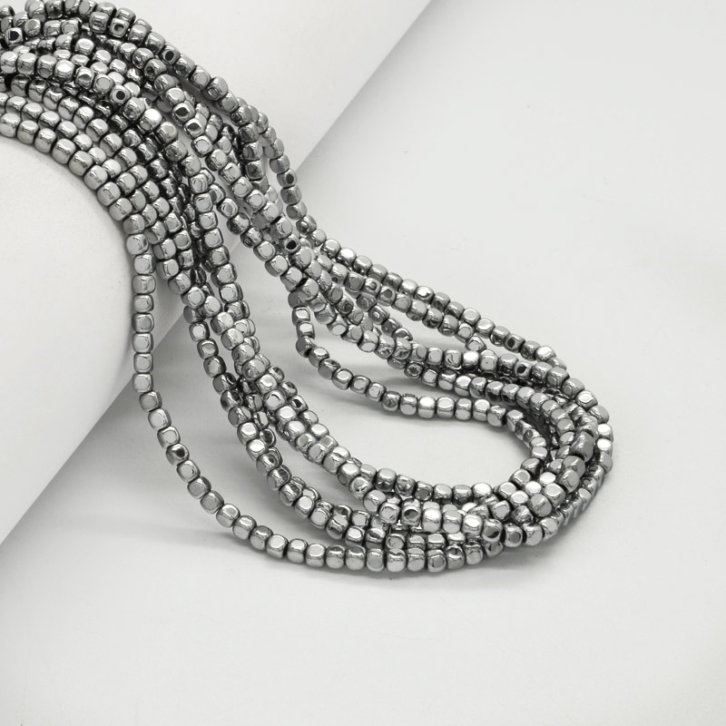 Намистини Гематит, Натур. камінь, Кубик, 3х3х3 мм, З покриттям, Сріблясті (BUS-053993)