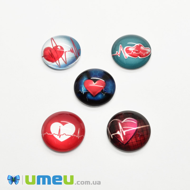 Кабошони скляні з принтом Серце, 18 мм, Круглі, Мікс (KAB-050694)