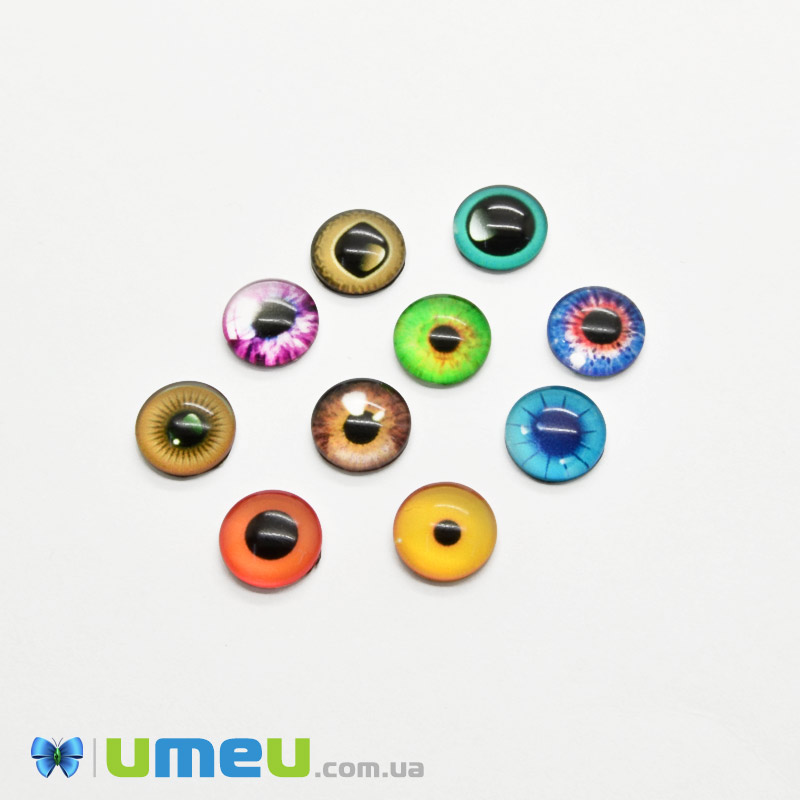 Кабошоны стеклянные с принтом Глаз, 10 мм, Круглые, Микс (KAB-050702)
