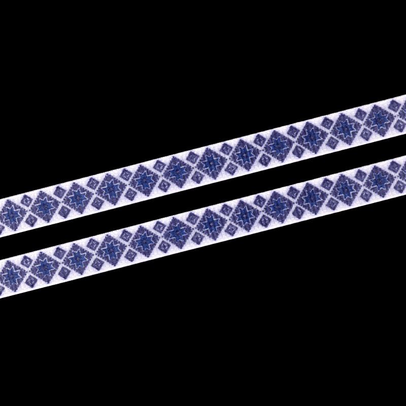 Репсова стрічка з малюнком Ромби сині, 10 мм, Біла (LEN-054898)