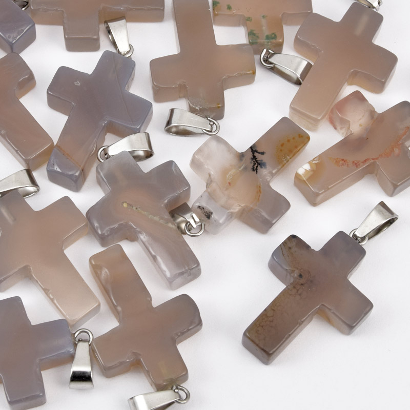 Підвіска Хрест, Натур. камінь Агат сірий, 30х20х6 мм (POD-057959)