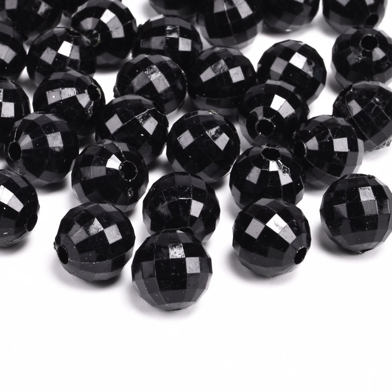 Намистини акрилові, Круглі грановані, 9,5 мм, Чорні (BUS-054536)
