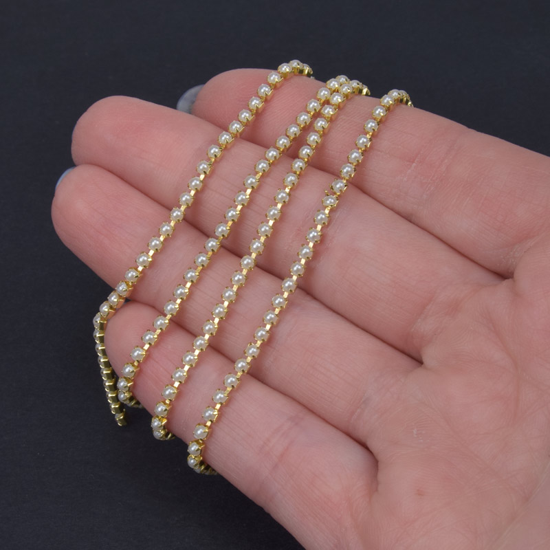 Жемчужная цепь SS6 (2,0 мм), Золото, Жемчужины пластиковые белые (ZEP-043006)
