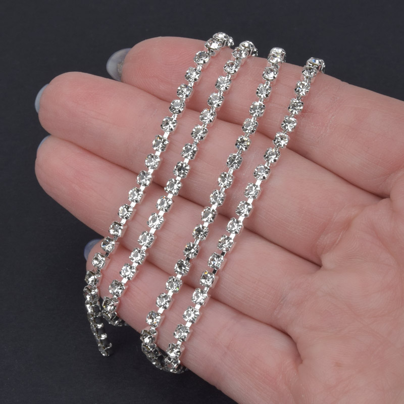 Стразовий ланцюг SS12 (2,8 мм), Світле срібло, Стрази скляні білі (ZEP-040035)