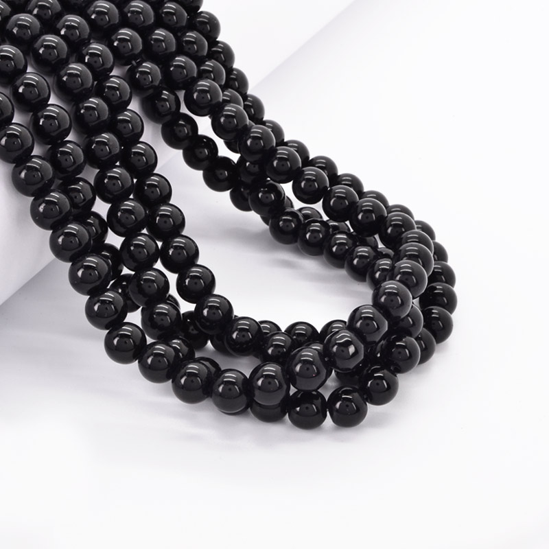 Намистини скляні, 8 мм, Чорні, Круглі (BUS-052138)
