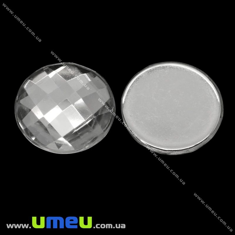 Кабошон пластиковый, Круглый граненый, 14 мм, Белый (KAB-009543)