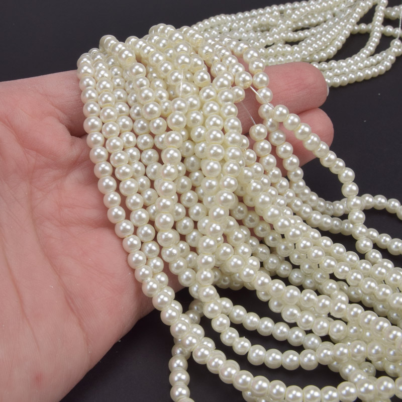 Намистини скляні Перли, 4 мм, Кремові, Круглі (BUS-060318)