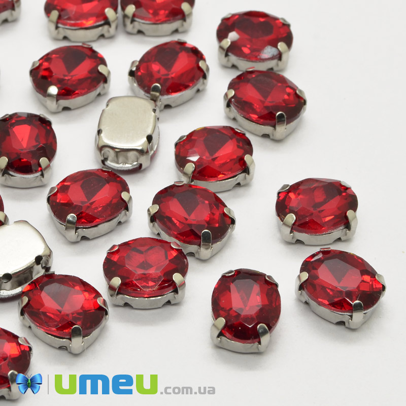 Шатон овальний 8х6 мм, Темне срібло, Червоний (KAB-040630)