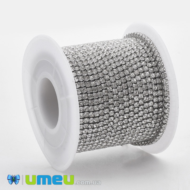 Стразовая цепь SS6 - 2,0 мм, Нерж. сталь т. серебро, Стразы стеклянные белые (ZEP-040487)