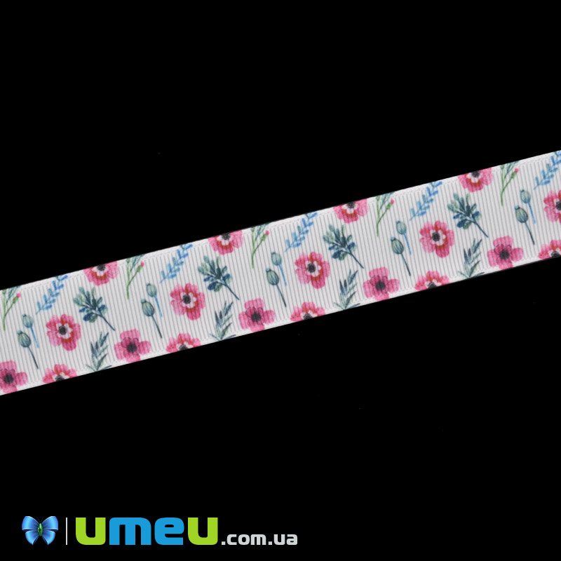 Репсова стрічка з малюнком Квіти, 25 мм, Біла (LEN-040270)