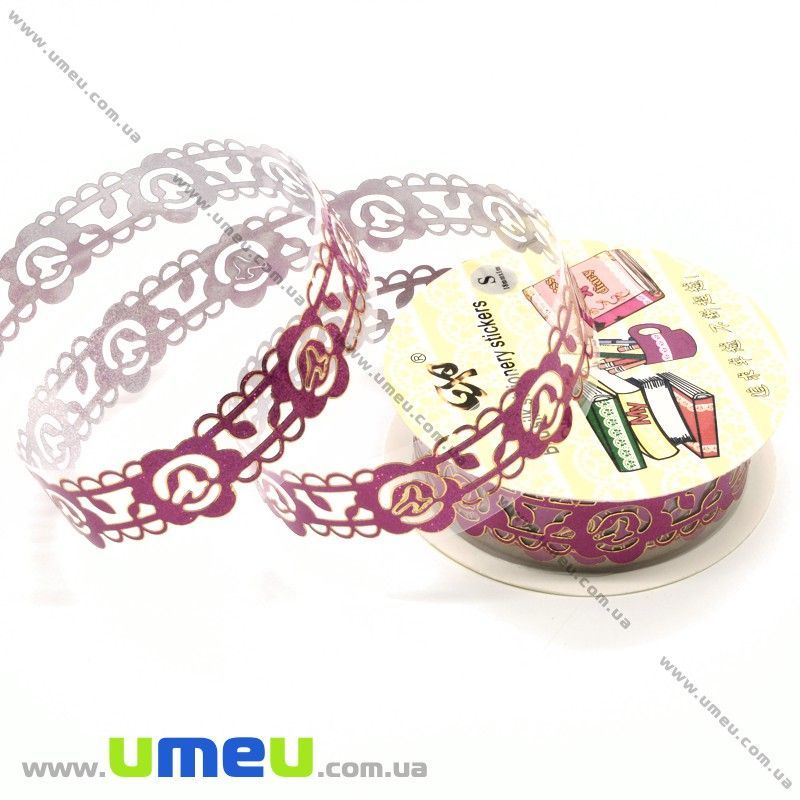 Декоративний скотч мереживний, Малиновий, Квіти, 15 мм (DIF-026223)