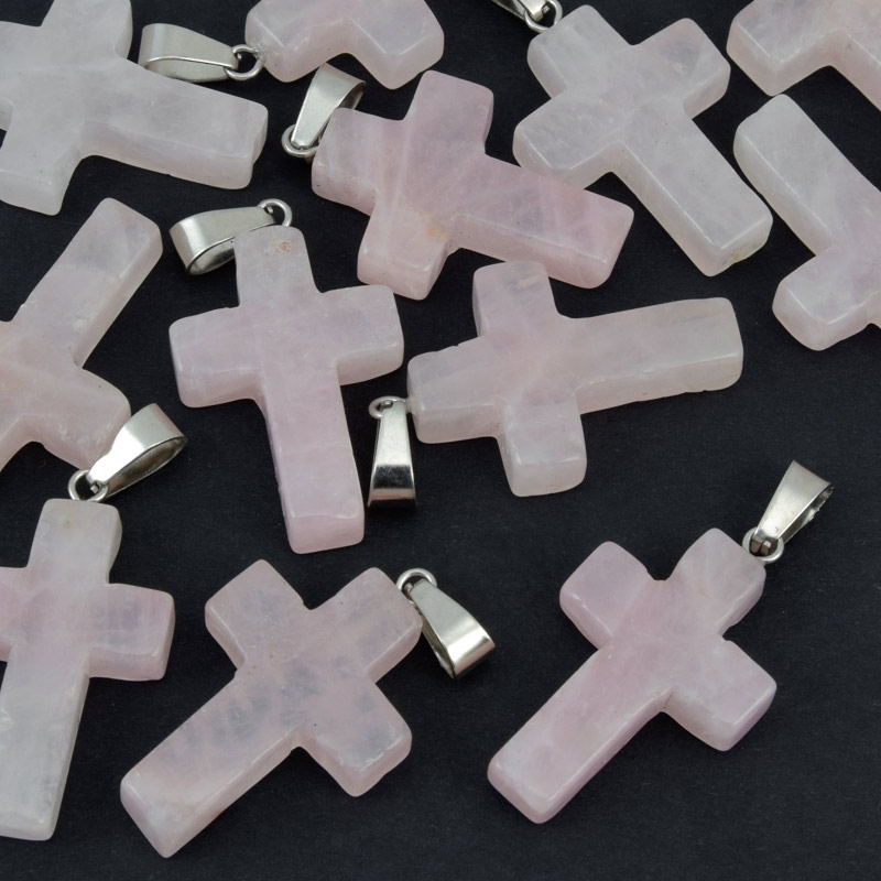 Підвіска Хрест, Натур. камінь Кварц рожевий, 30х20х6 мм (POD-057952)