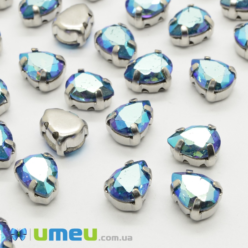 Шатон крапля 8х6 мм, Темне срібло, Блакитний (KAB-038110)