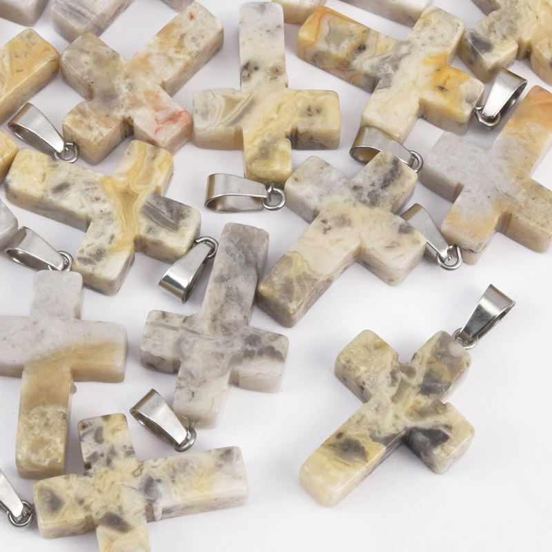 Підвіска Хрест, Натур. камінь Агат мереживний (Crazy Agate), 30х20х6 мм (POD-057956)