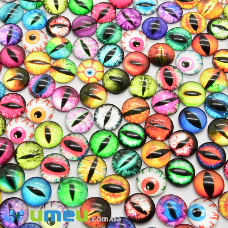 Кабошоны стеклянные с принтом Глаз, 10 мм, Круглые, Микс (KAB-050703)