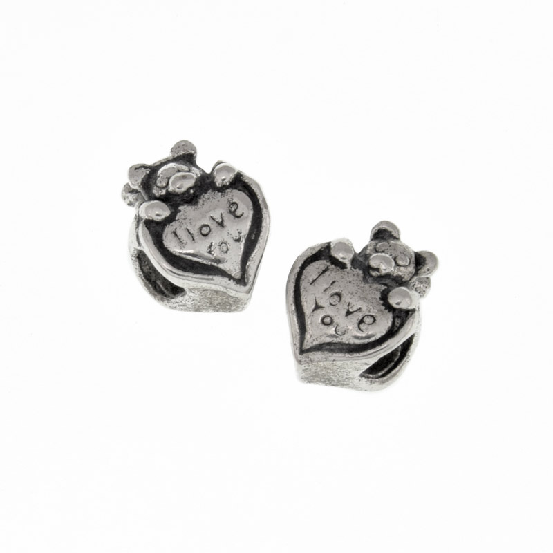 Бусины мет. Сердце с мишкой, 13х11х8 мм, Античное серебро (BUS-006461)