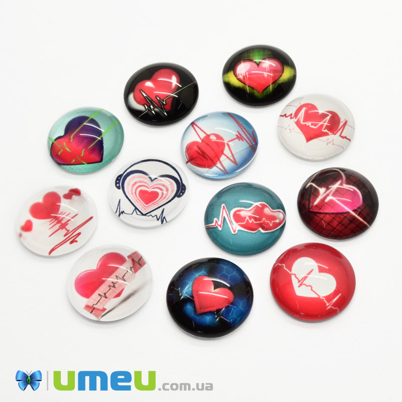 Кабошони скляні з принтом Серце, 18 мм, Круглі, Мікс (KAB-050694)