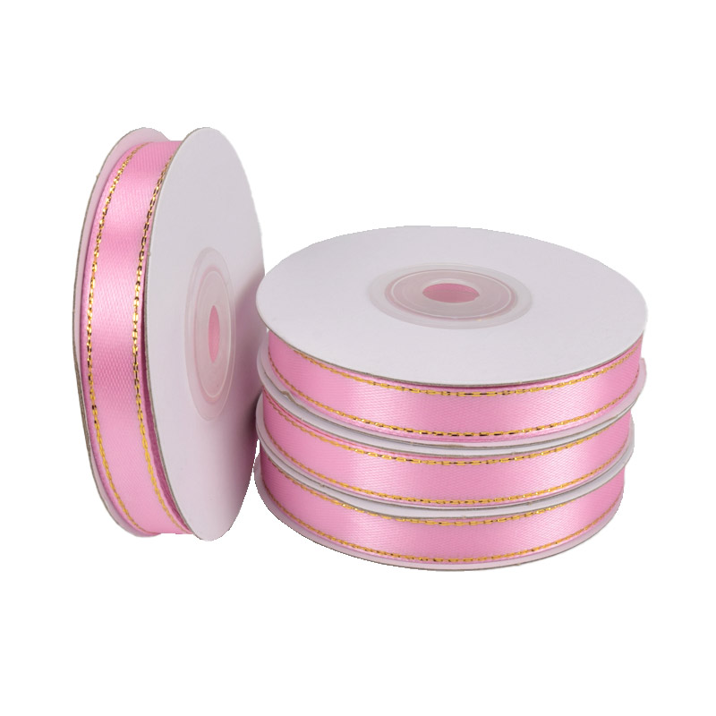 Атласная лента с люрексом, 10 мм, Розовая с золотом (LEN-016732)