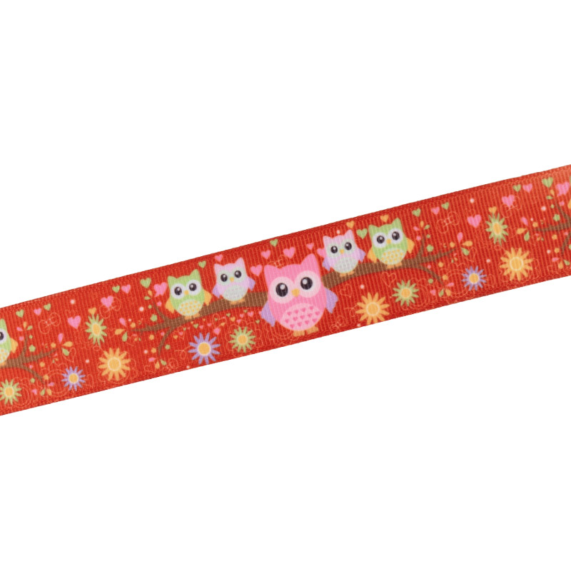 Репсова стрічка з малюнком Сови, 25 мм, Червона (LEN-054880)