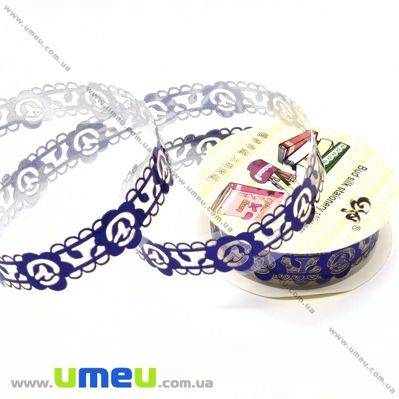 Декоративний скотч мереживний, Синій, Квіти, 15 мм (DIF-026218)