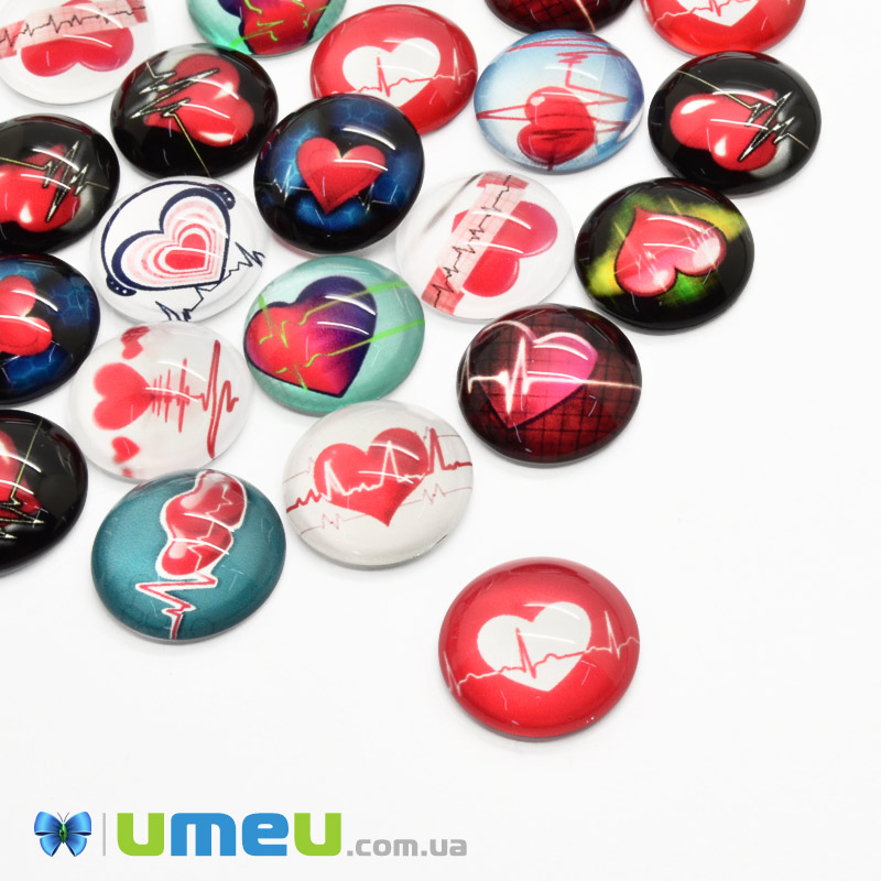 Кабошони скляні з принтом Серце, 18 мм, Круглі, Мікс (KAB-050694)