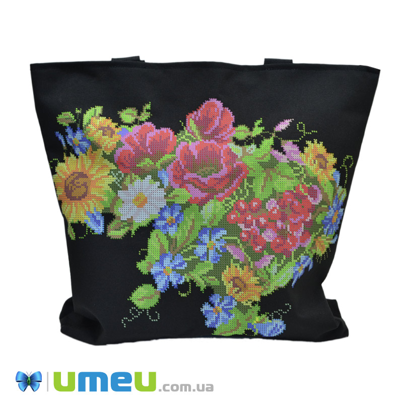 Сумка с принтом под вышивку, Цветы, Черная (SXM-044489)