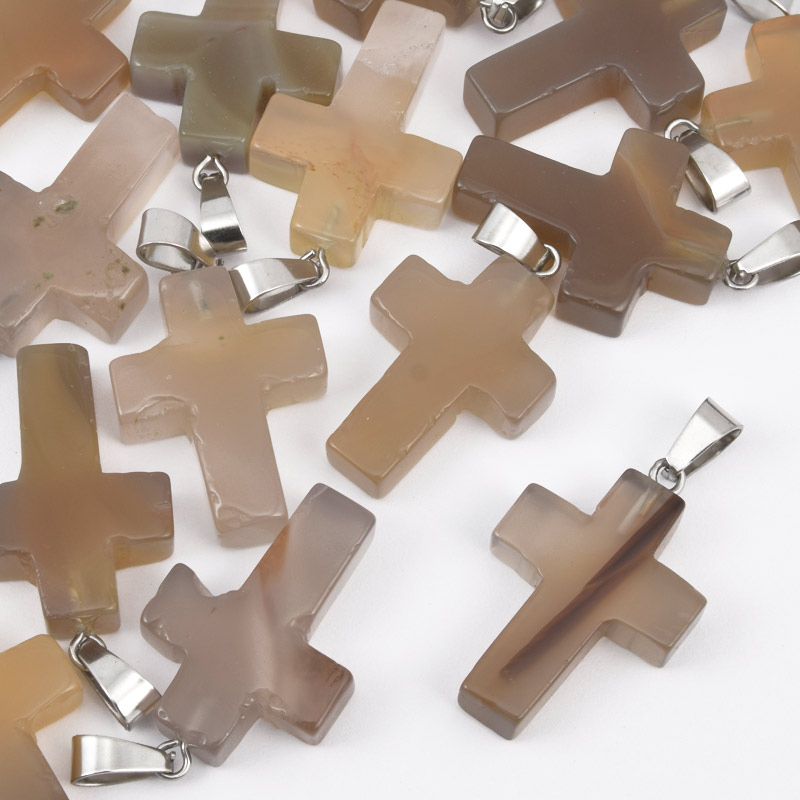 Підвіска Хрест, Натур. камінь Агат коричневий, 30х20х6 мм (POD-057960)