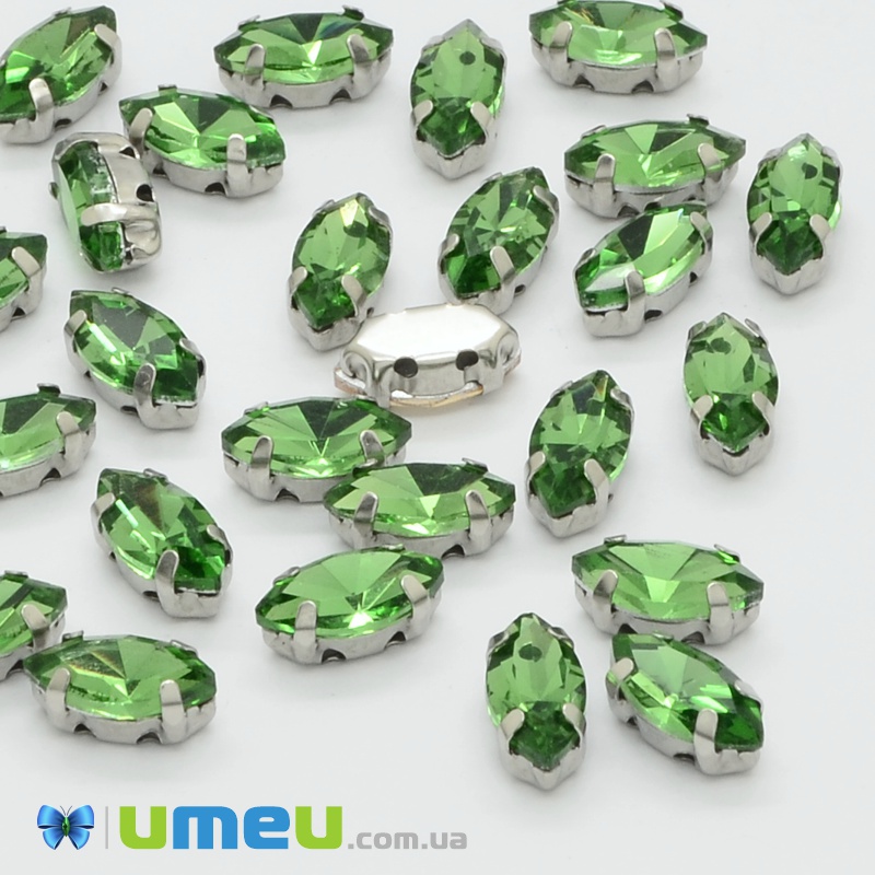 Шатон човник 15х7 мм, Темне срібло, Зелений (KAB-052281)