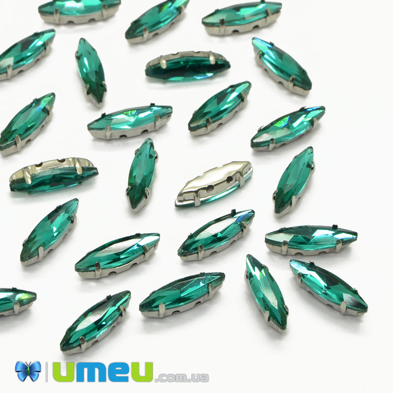 Шатон човник 15х4 мм, Темне срібло, Смарагдовий (KAB-040767)