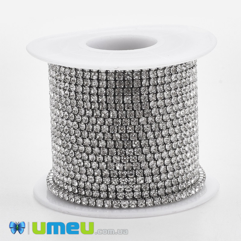 Стразовая цепь SS6 - 2,0 мм, Нерж. сталь т. серебро, Стразы стеклянные белые (ZEP-040487)