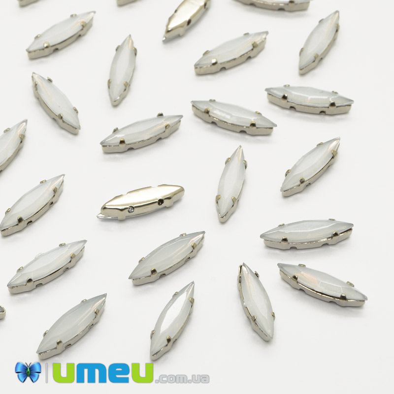 Шатон пластиковий човник 15х4 мм, Темне срібло, Білий опал (KAB-040781)