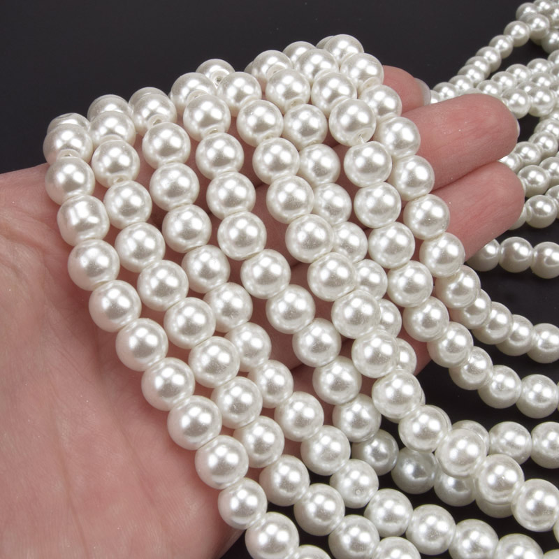 Бусины стеклянные Жемчуг, 8 мм, Белые (молочные), Круглые (BUS-052087)