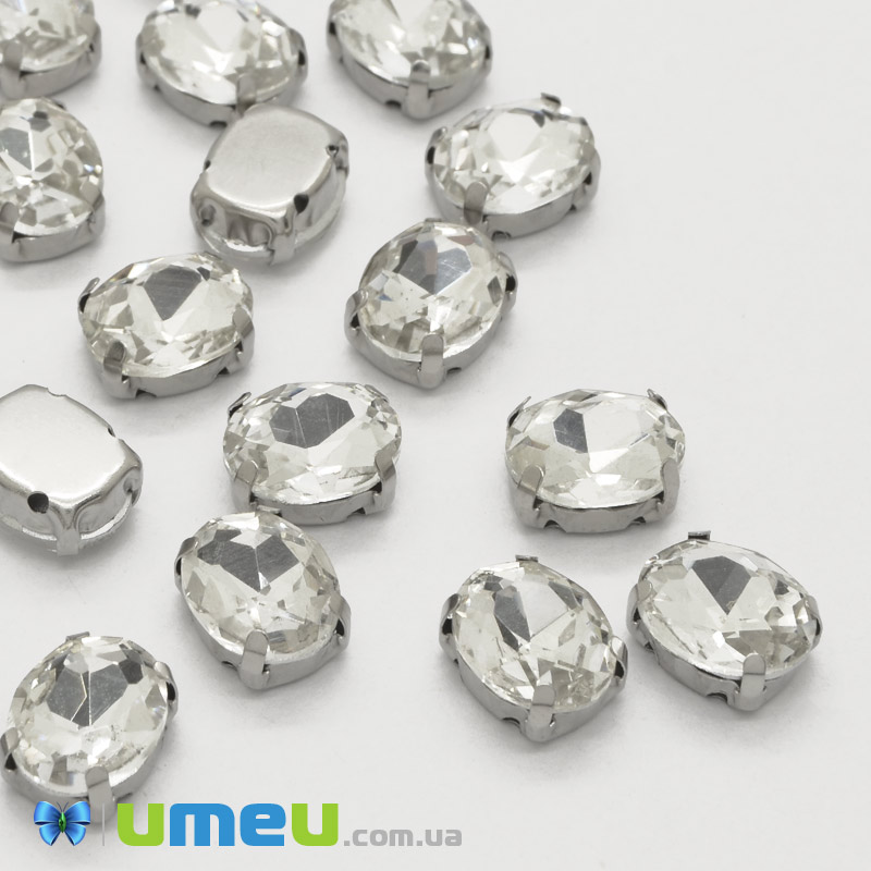 Шатон овальний 8х6 мм, Темне срібло, Білий (KAB-040631)