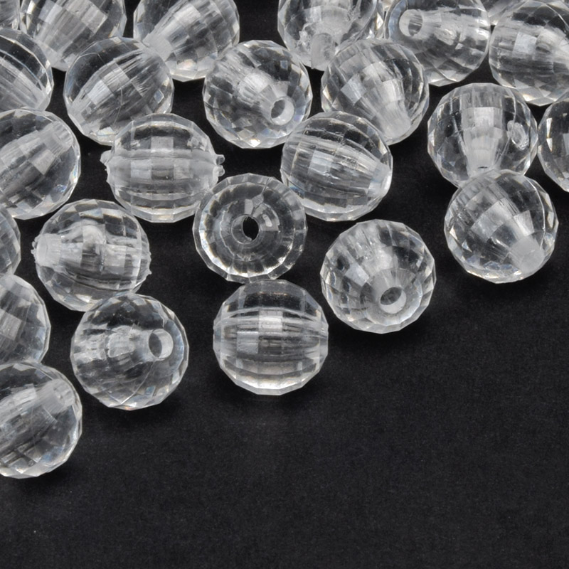 Намистини акрилові, Круглі грановані, 9,5 мм, Прозорі (BUS-059749)