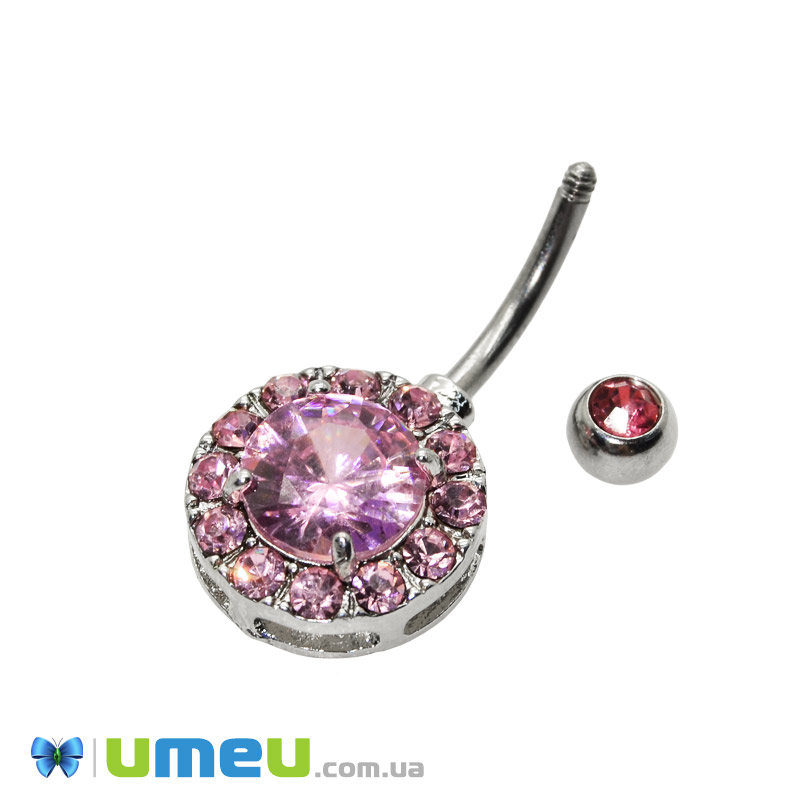 Серьга для пирсинга пупка из нерж. стали, Темное серебро, 29х13 мм, Розовая (OSN-048046)
