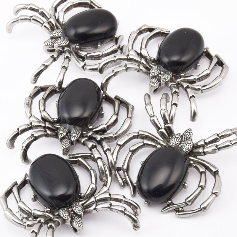 Підвіска Павук, Натур. камінь Обсидіан чорний, 35х35 мм, Темне срібло (POD-058574)