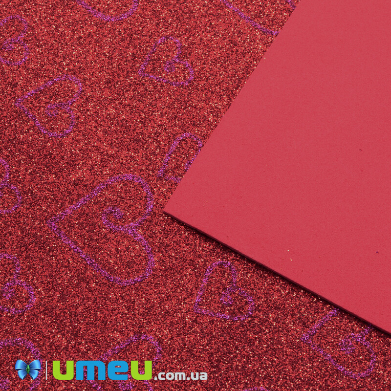 Фоаміран гліттерний з малюнком Серця, 20х30 см, Червоний (FOM-042958)