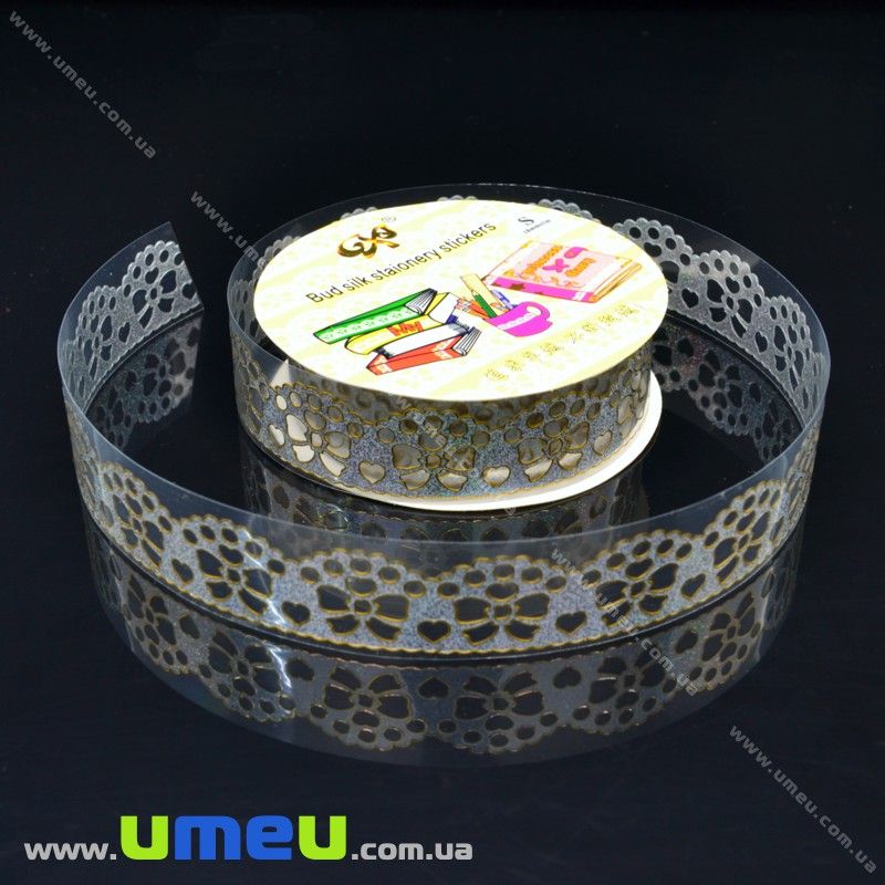 Декоративний скотч мереживний, Сріблястий, Бантики, 15 мм (DIF-017892)