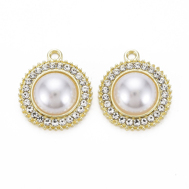 Подвеска метал. Круглая со стразами и жемчужиной, 24х20 мм, Светлое золото (POD-053549)