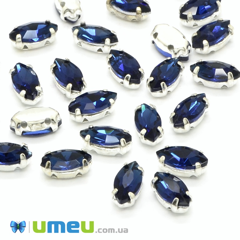 Шатон човник 15х7 мм, Темне срібло, Синій темний (KAB-052276)